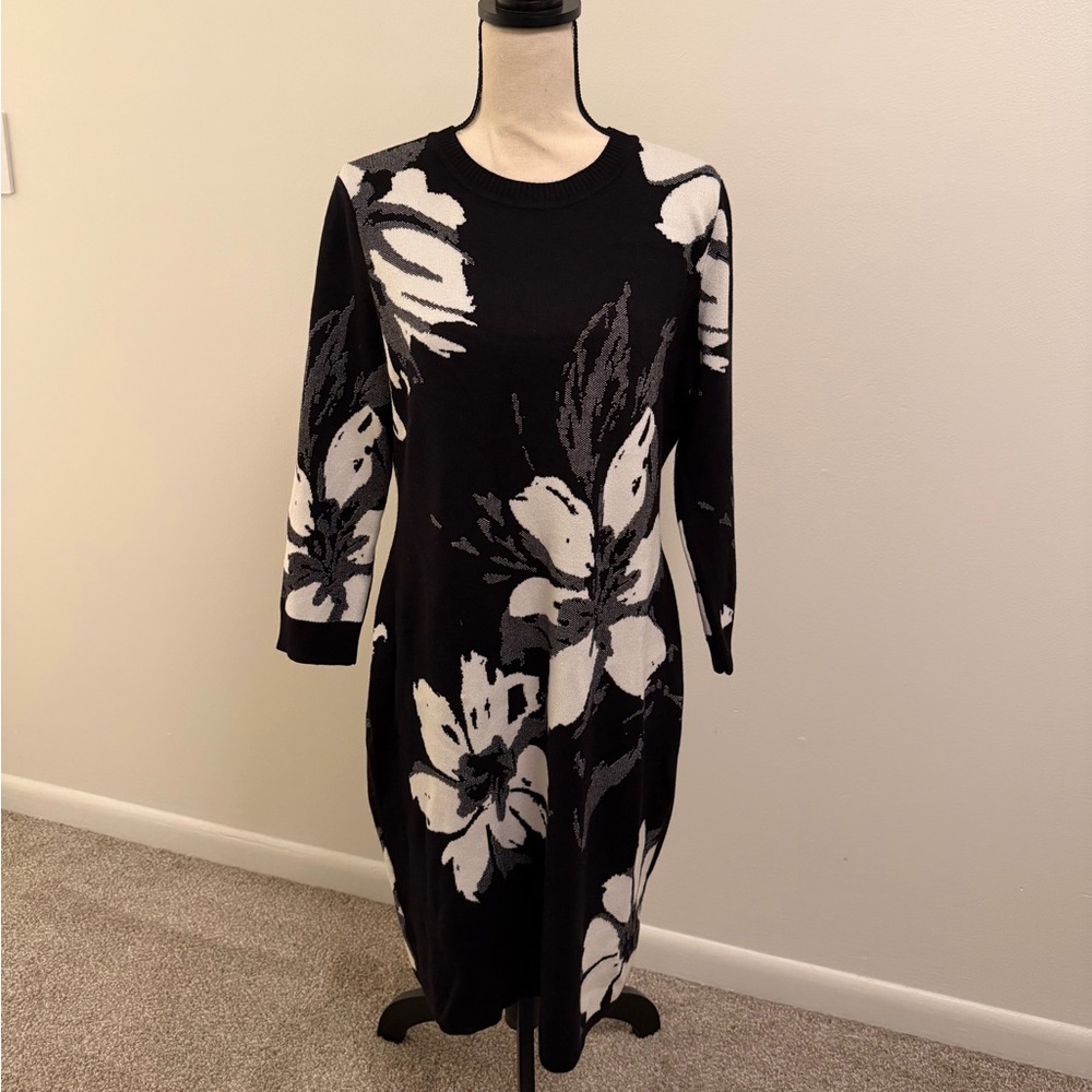 Calvin Klein Black and White Floral Long Sleeve Dress